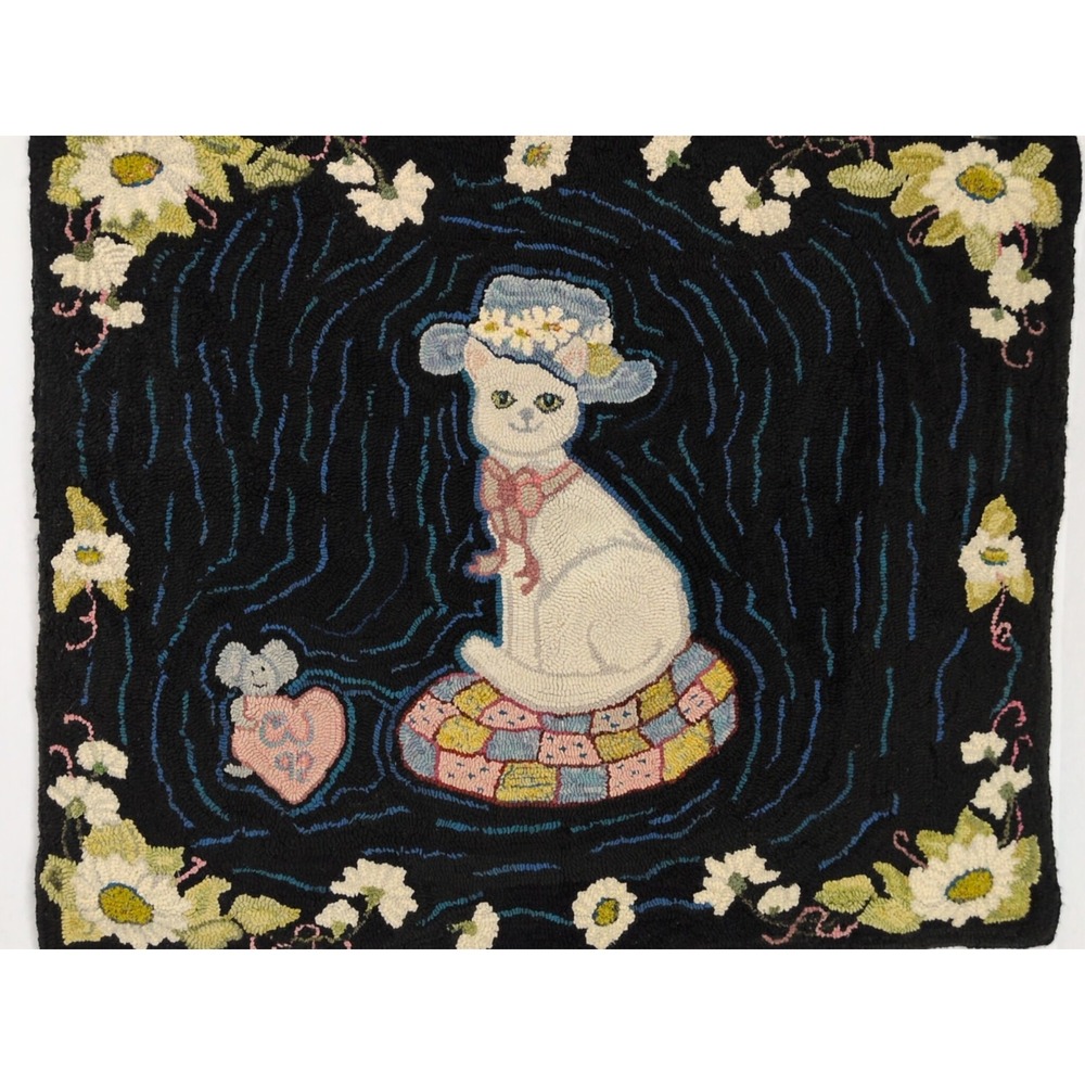 Antique VTG Hooked Rug Wool Cat Kitten In Hat 35x30 Hand Made Black White Floral